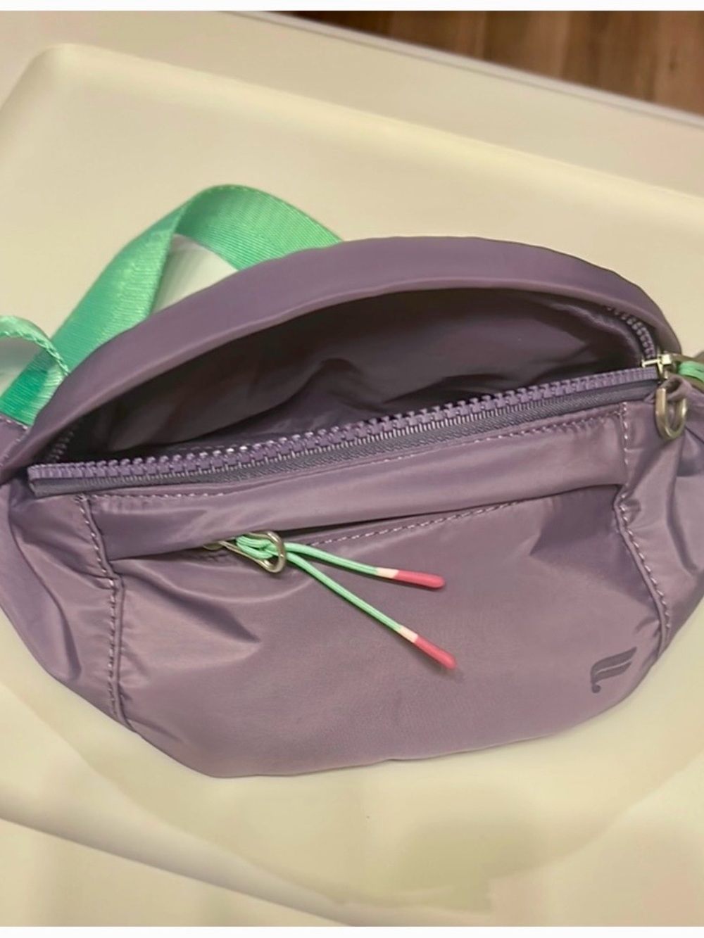 Fabletics Lavender Purple Belt Bag with Mint Green Strap and Pink Accent